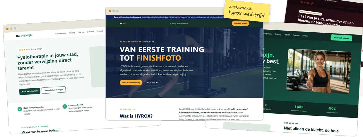 Drei Demo-Designs derselben Physiotherapiepraxis nebeneinander: eine Version nah an der aktuellen Website, ein frischer Ansatz und eine Landingpage zu einem Suchbegriff