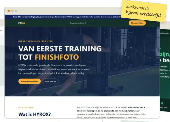 Example of a landing page, built entirely around the keyword hyrox competition, with a post-it note showing the keyword